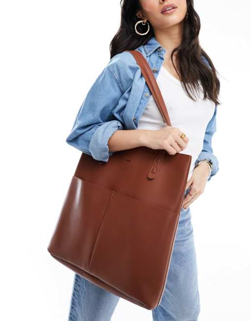  PASQ two pocket tote bag with removable pouch in chocolate brown 