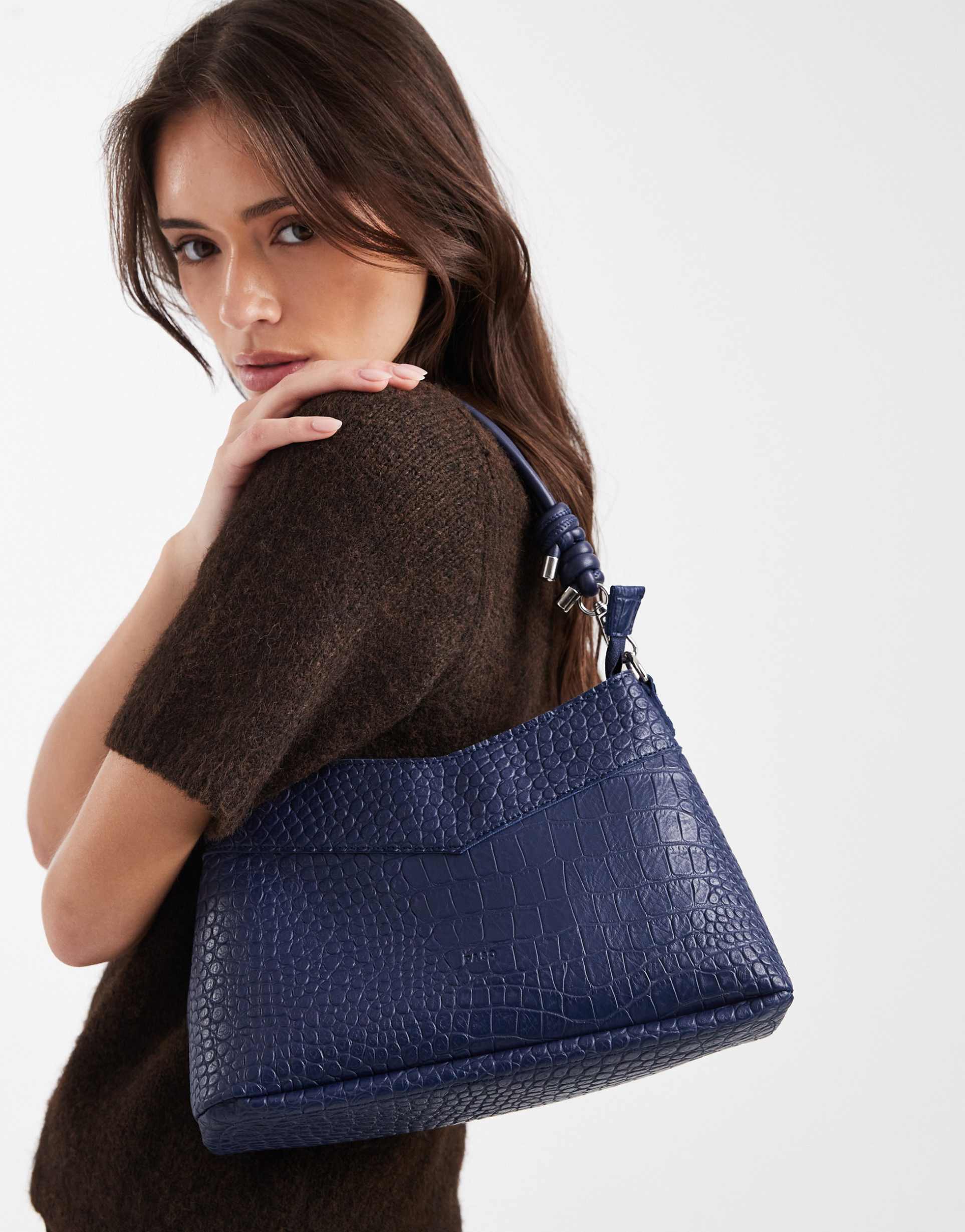 pasq v top shoulder bag with crossbody strap in navy croc