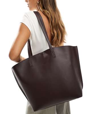 winged tote bag with inside pouch in dark brown-White