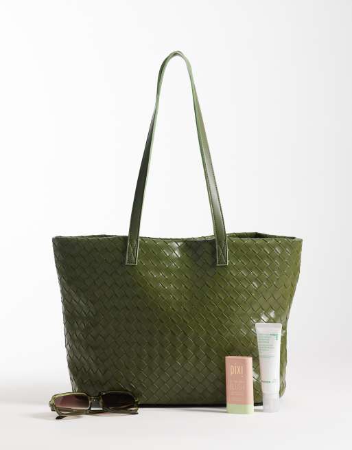 PASQ woven tote bag in olive green, 2 of 4