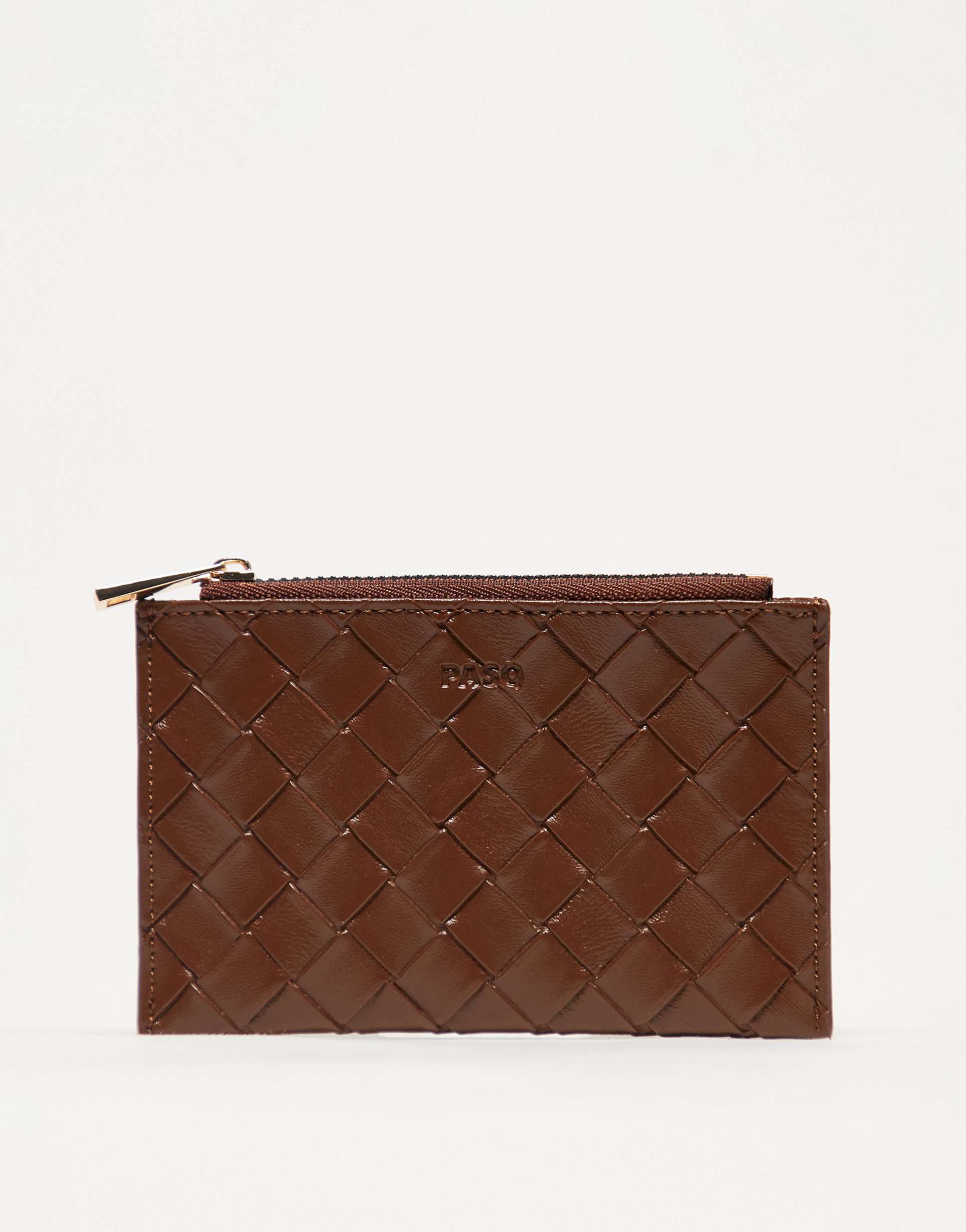 pasq woven zip top cardholder in dark brown