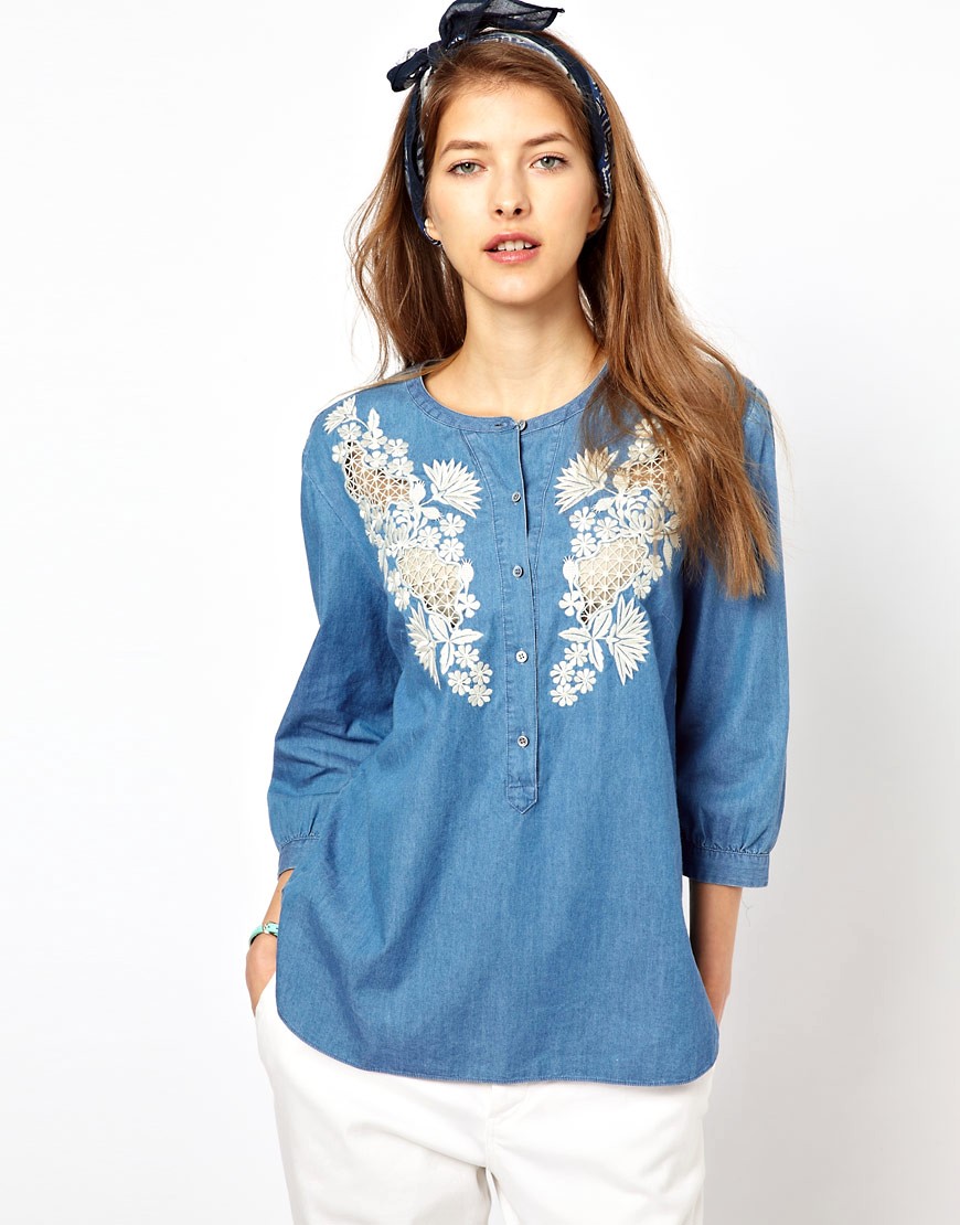 Paul by Paul Smith Chambray Blouse with Crochet Inserts-Blue