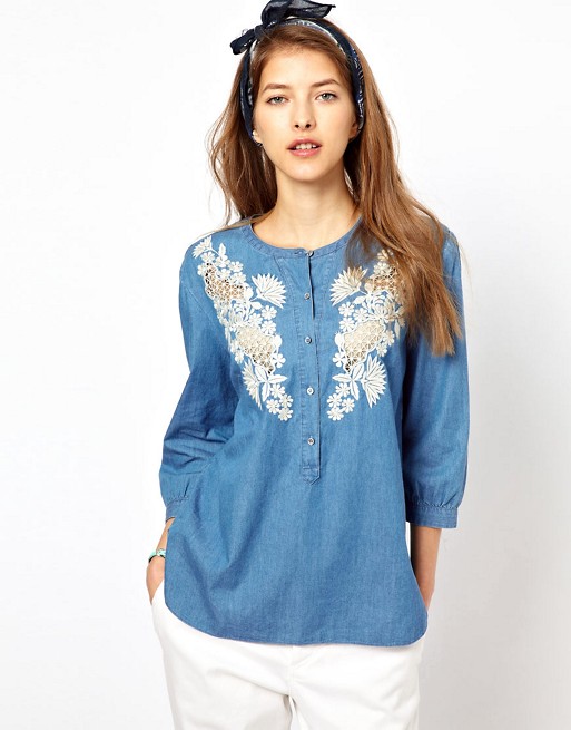 Paul by Paul Smith Chambray Blouse with Crochet Inserts