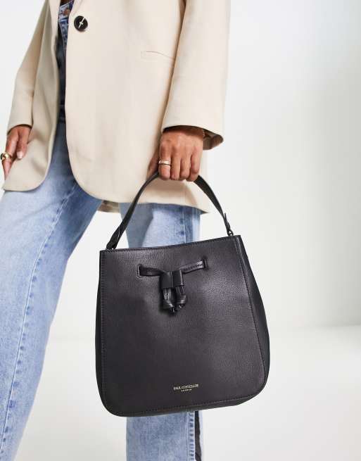 Paul Costelloe - Borsa in pelle nera con manici e coulisse, 3 di 4