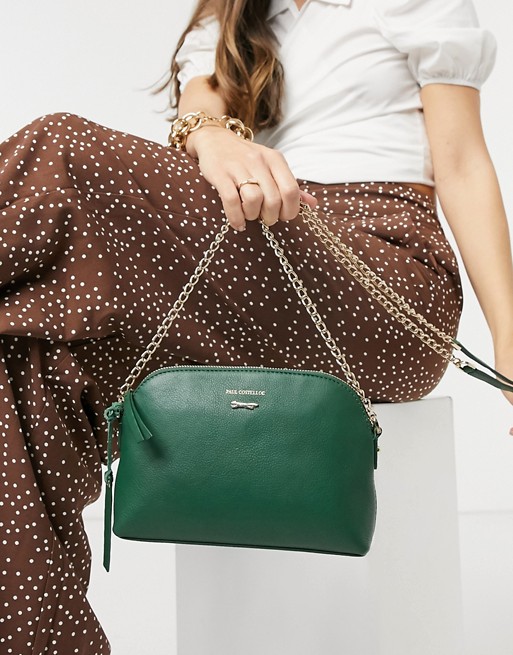 Paul Costelloe leather across body bag with chain strap in green