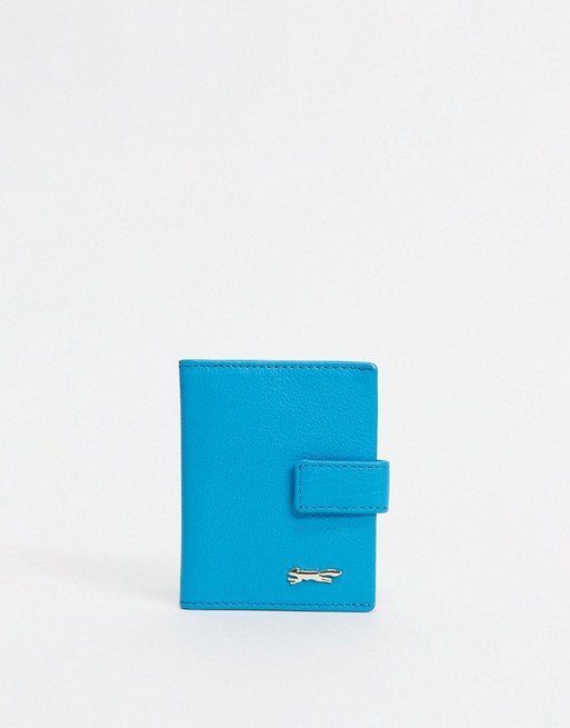 Paul Costelloe leather card holder with flap front in aqua blue
