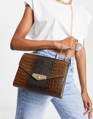 Paul Costelloe leather croc detail chain strap crossbody bag in brown