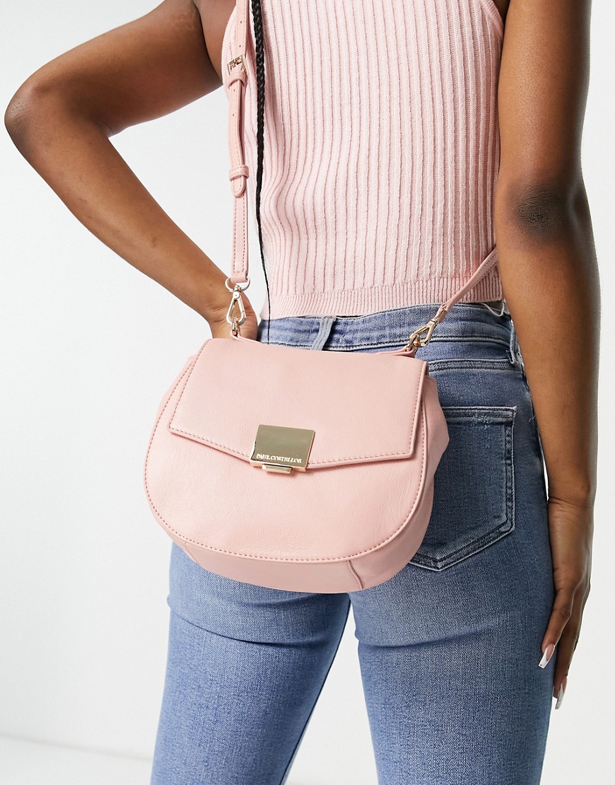 Paul Costelloe Leather Cross Body Bag With Logo Plaque In Light Pink
