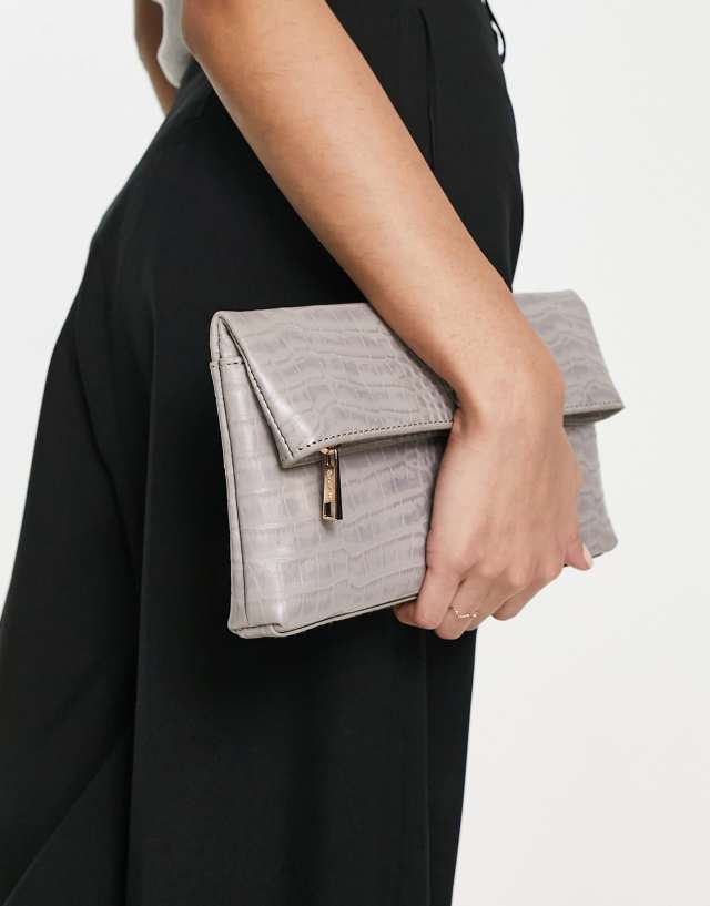 Paul Costelloe leather envelope clutch bag in gray croc