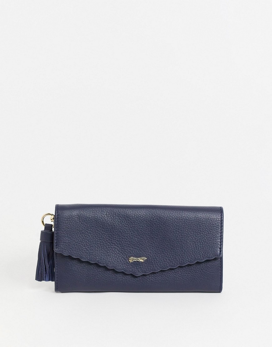 Paul Costelloe leather flap front wallet with scalloped edge in navy