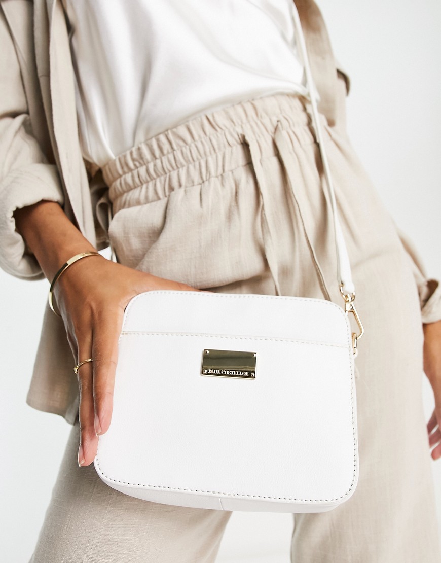 Paul Costelloe leather front pocket crossbody bag in white