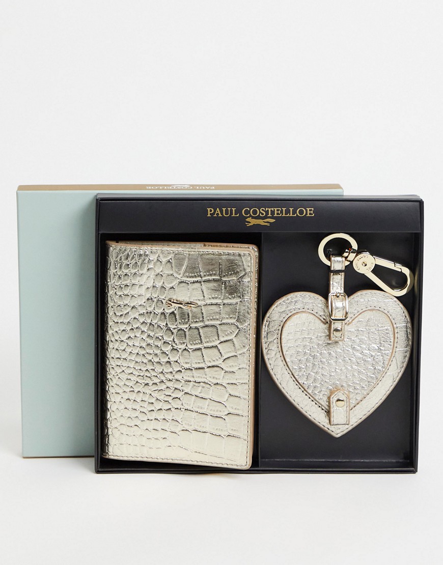 Paul Costelloe leather heart keychain and passport holder gift set in gold croc