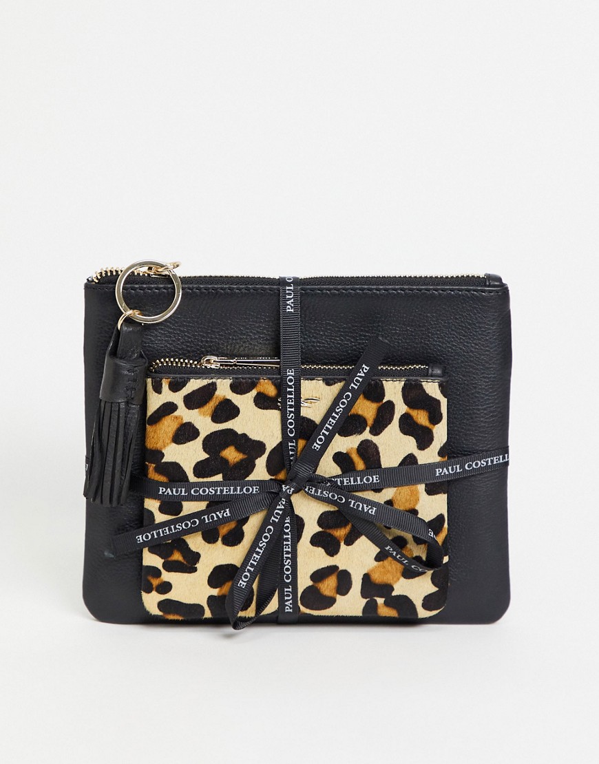 Paul Costelloe leather make up bag and pouch gift set in leopard and black