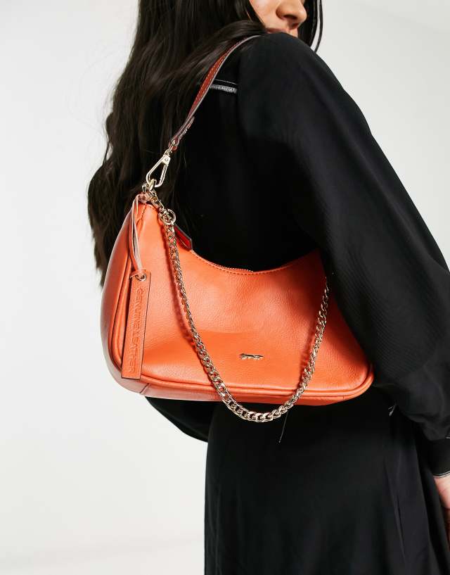 Paul Costelloe leather shoulder bag with chain detail in orange