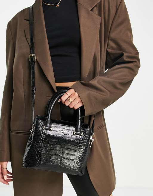 Paul Costelloe Leather Top Handle Grab Bag In Black Croc