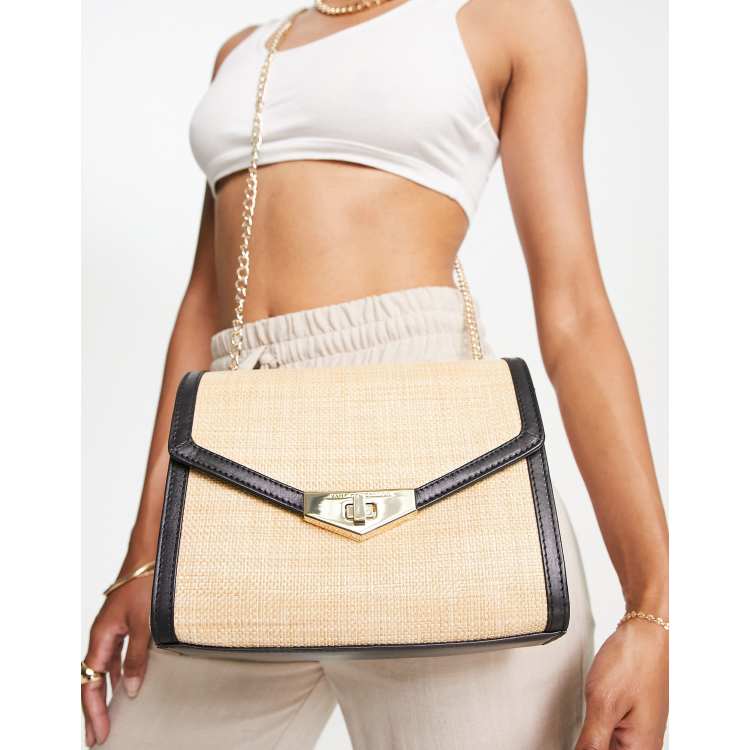 Paul Costelloe leather trim raffia crossbody bag in beige