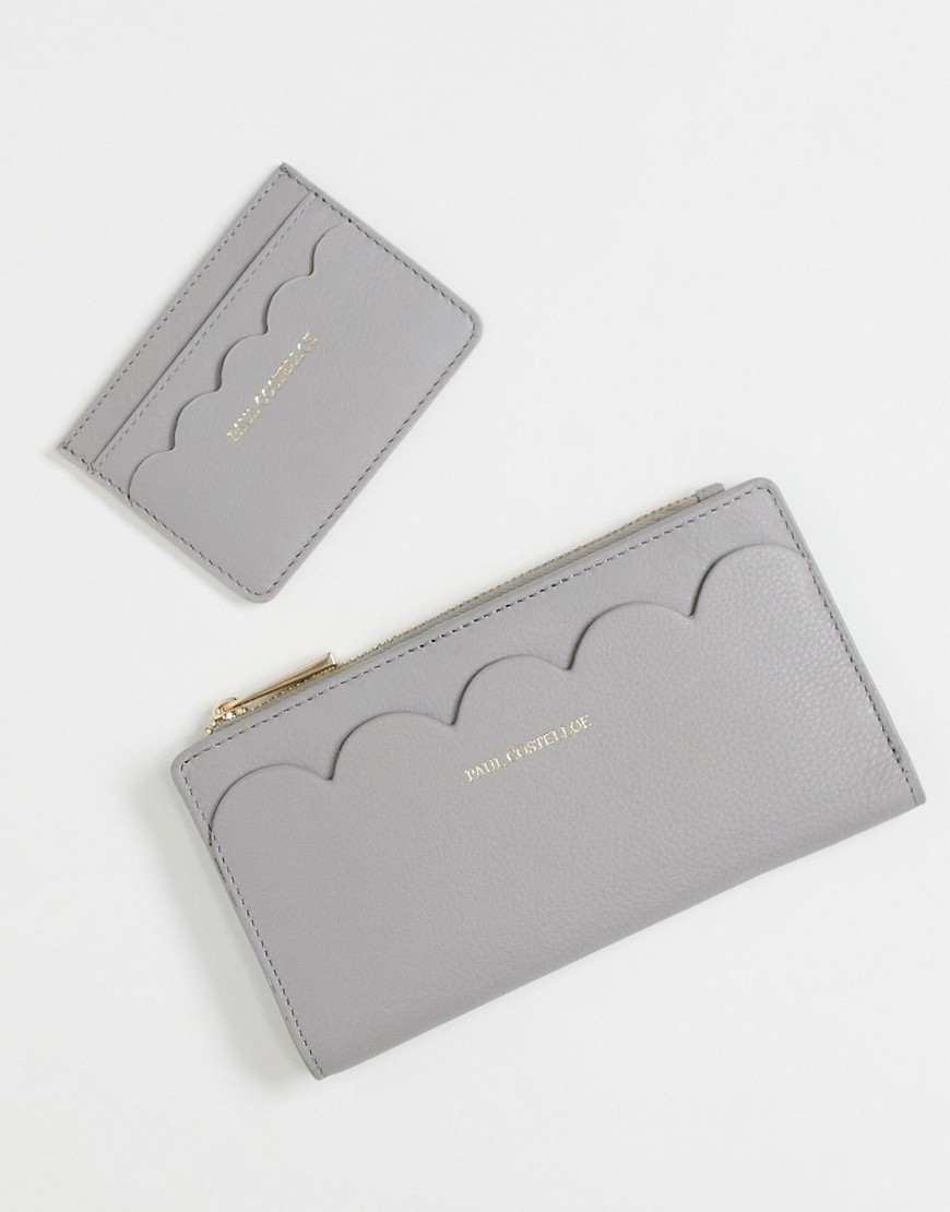 Paul Costelloe leather wallet and card holder gift set with scalloped edge in off white