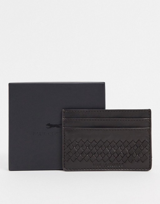 Paul Costelloe leather weave card holder in brown