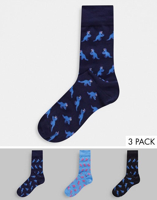 Paul Smith 3 pack jacquard dino socks in navy/ black/ blue