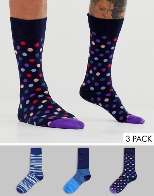 Paul Smith 3 pack socks in classic stripe/ polka dot/ blue
