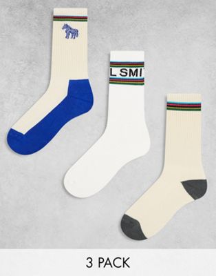 Paul Smith 3 pack socks in cream white blue with logo stripe