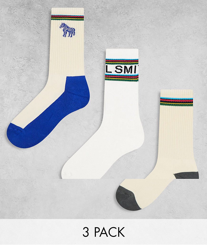 Paul Smith 3 pack socks in cream white blue with logo stripe