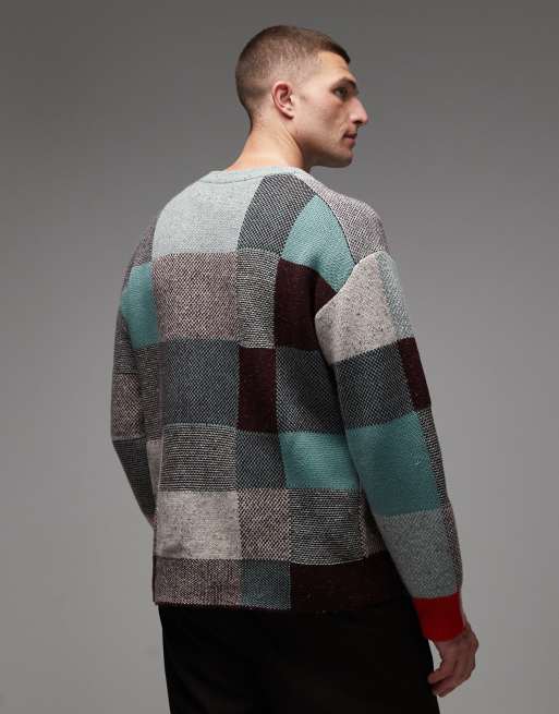 Paul Smith crew neck knitted jumper in blue patchwork, 3 of 5