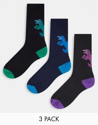 Paul Smith – Olikfärgade strumpor med dinosaurie, 3-pack
