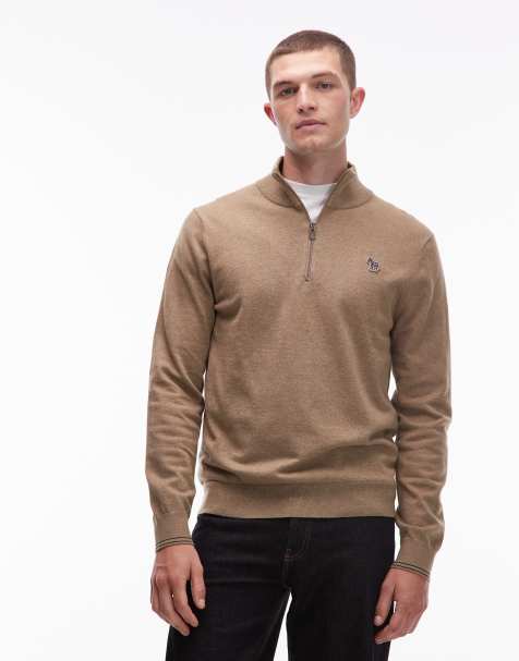 Paul Smith quarter-zip zebra logo sweatshirt in tan - view 1