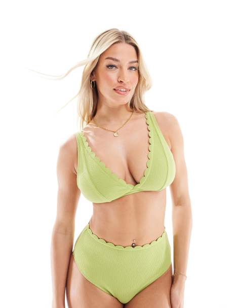 Peek and Beau Coppe Grandi - Top bikini a triangolo a vela con orlo smerlato in tessuto stropicciato verde - view 1
