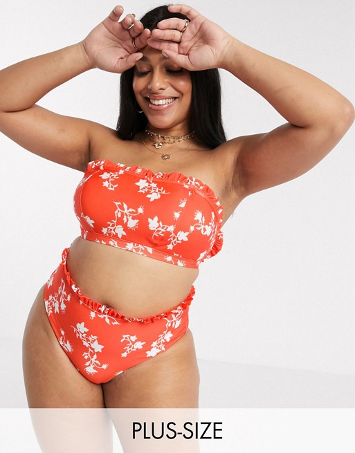 Peek & Beau Curve Exclusive polyester mix and match high waist bikini bottom with frill in floral - ORANGE
