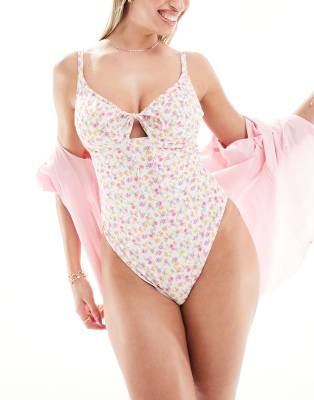 Peek and Beau Fuller Bust padded balconette swimsuit in ditsy floral print with frill land lace ip detail