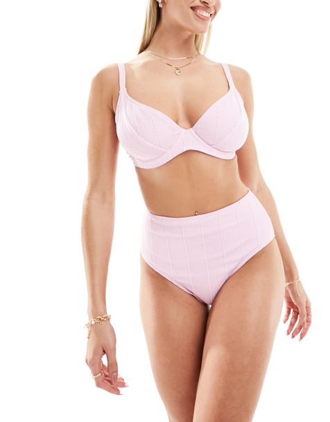 ASOS DESIGN fuller bust mix and match rib knot front bikini top in dolly  pink dd-g