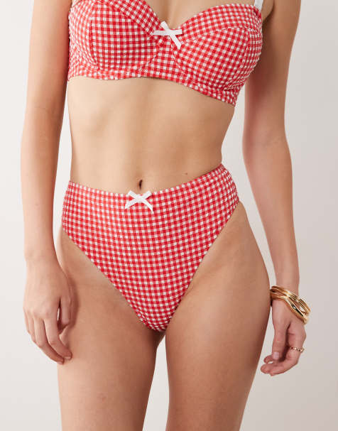 Peek & Beau - Bas de bikini taille haute avec nœud - Vichy rouge - view 1