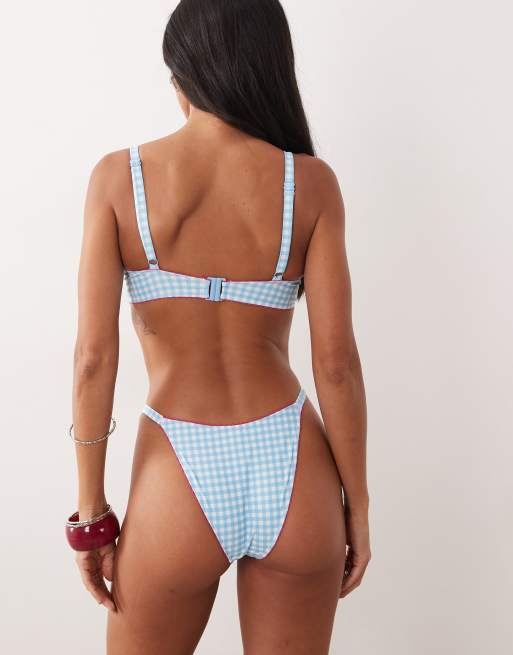 Peek & Beau bikini bottoms with pink trim detail in blue gingham, 4 of 4