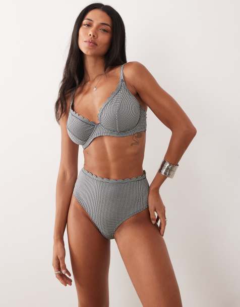 Peek & Beau – Bikinihose mit schwarz-weißem Vichy-Karos, hohem Bund und Muschelsaum - view 1