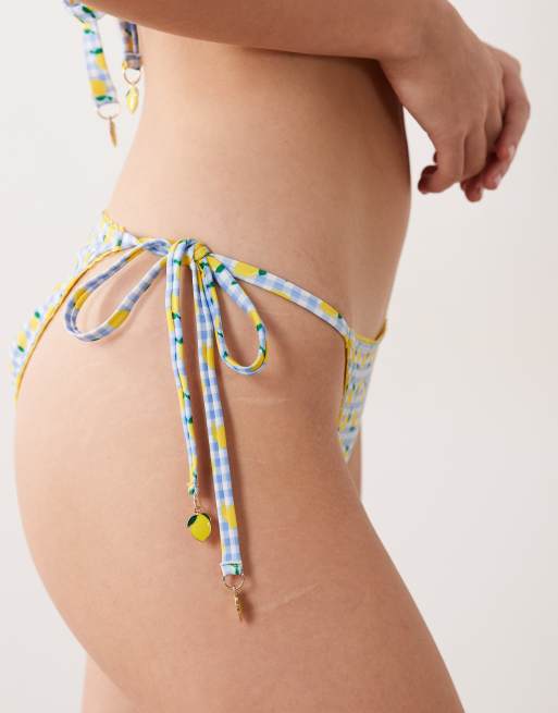 Peek & Beau – Blå, ginghamrutig och citronmönstrad bikiniunderdel med knytning i sidan, 4 av 4