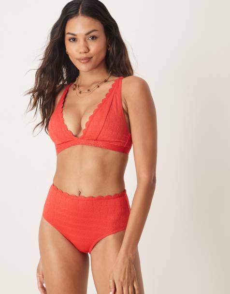 Peek & Beau broderie high waist bikini bottoms with scallop detail in red - view 1