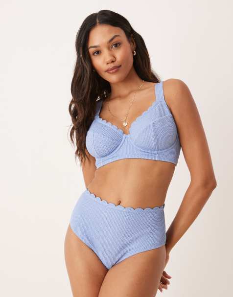 Peek & Beau crinkle high waist bikini bottom with scallop detail in blue - view 1