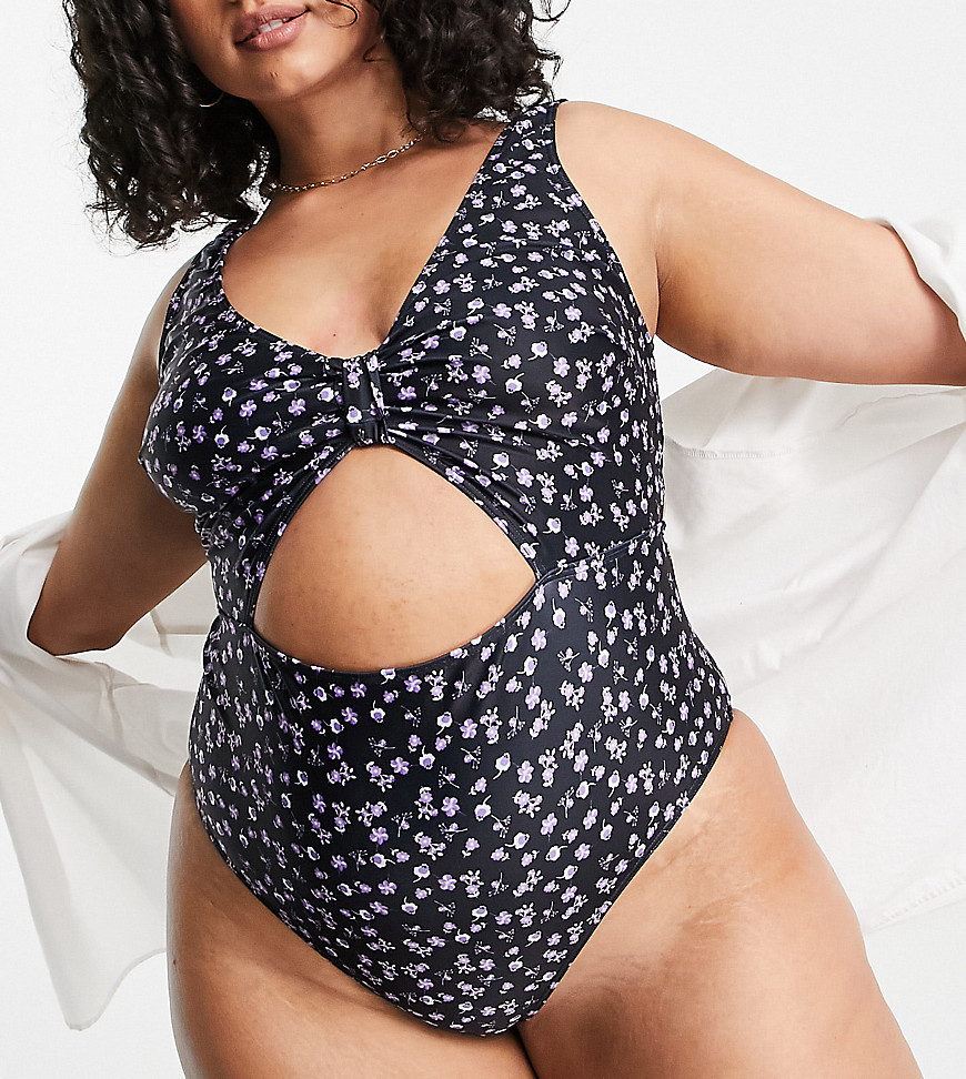 Peek & Beau Curve Exclusive Cut Out Swimsuit In Lilac Floral Print-multi