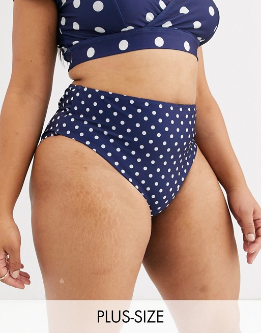 Peek & Beau Curve Exclusive Eco high waist bikini bottom in navy polka dot