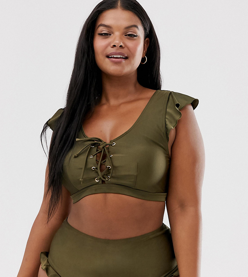 Peek & Beau Curve Exclusive flutter sleeve crop bikini top with lace up in dark olive-Green