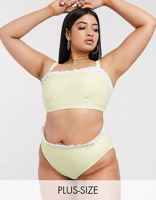 Peek & Beau Curve – Exclusive – Gelb gestreifte Bikinihose mit hoher Taille