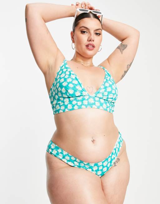 Peek & Beau Curve Exclusive high leg bikini bottom in green sunflower print