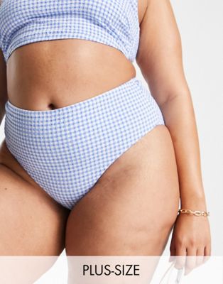 Peek & Beau Curve Exclusive high waist bikini bottom in blue textured gingham