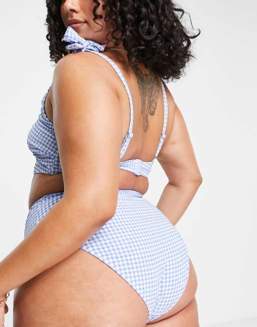 Peek & Beau Curve Exclusive high waist bikini bottom in blue textured  gingham