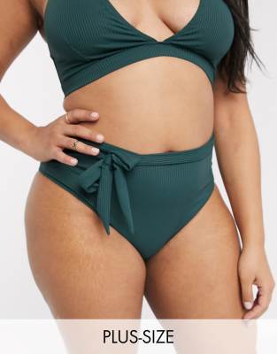 Peek & Beau Curve Exclusive high waist bikini bottom with tie in khaki rib-Green