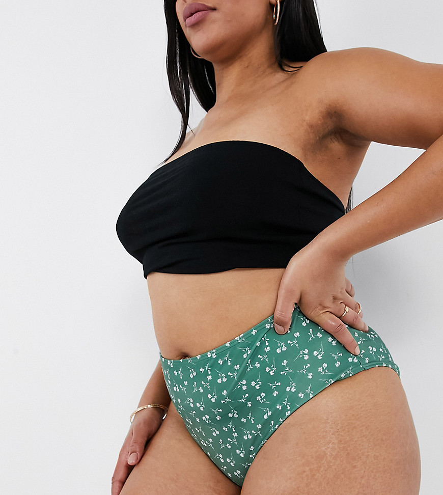 Peek & Beau Curve Exclusive high waist bikini bottom with tie waist in green floral
