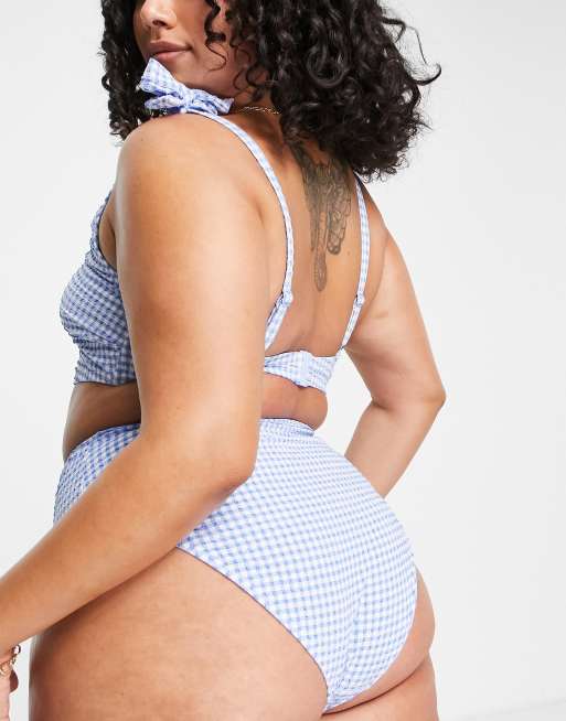 Peek & Beau Curve Exclusive high waist bikini bottoms in blue textured gingham, 3 of 4