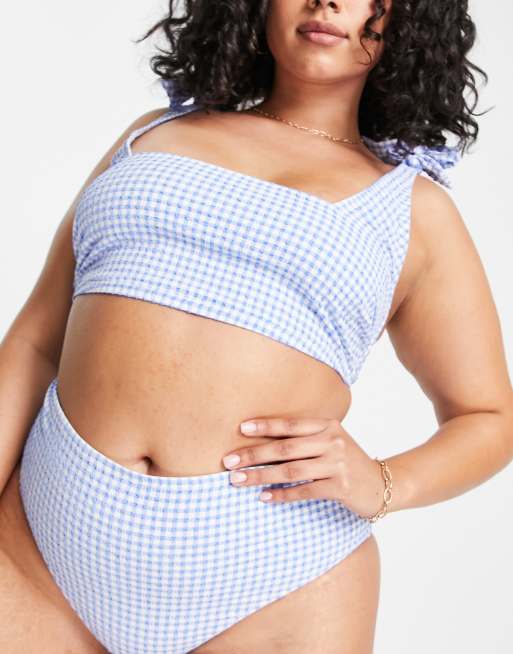 Peek & Beau Curve Exclusive high waist bikini bottoms in blue textured gingham, 4 of 4